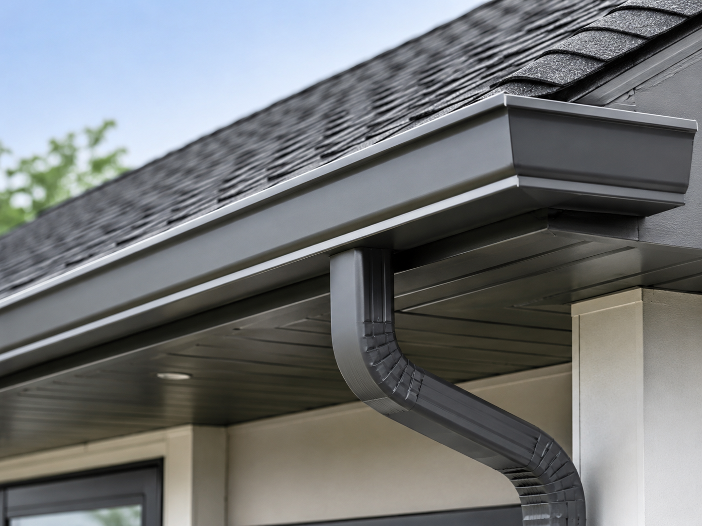 A newly installed seamless aluminum gutter along a roofline