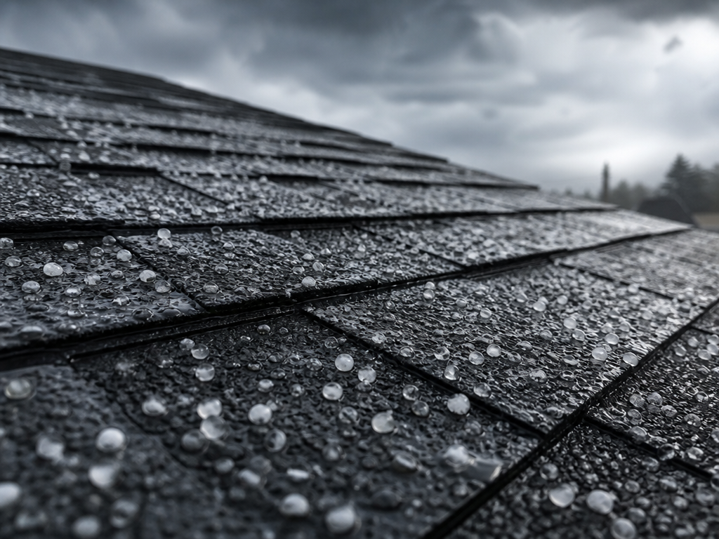 Rain and hail beading on a dark shingle roof during a storm