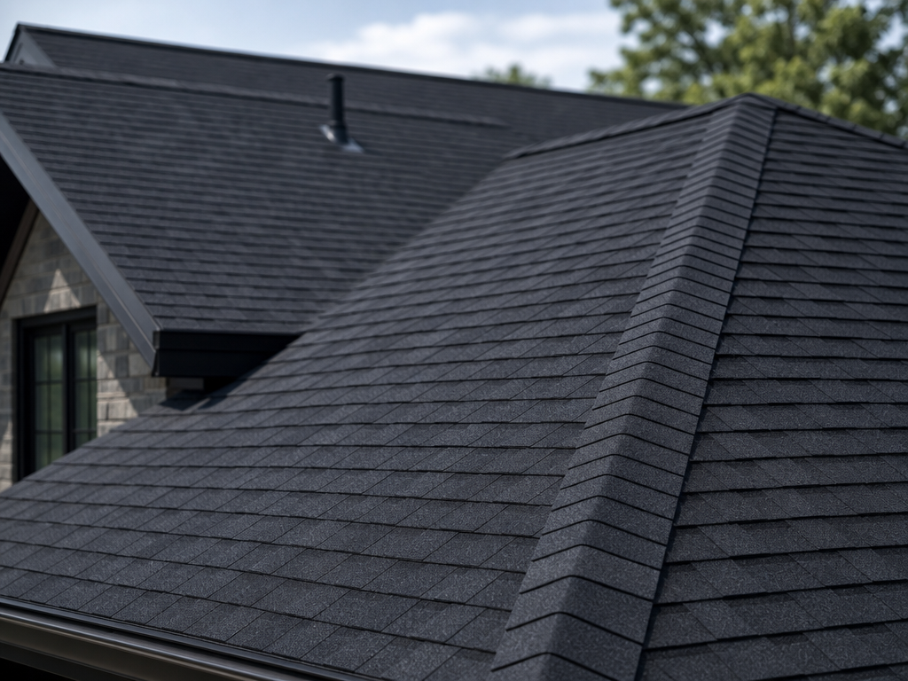 A freshly installed dark architectural shingle roof