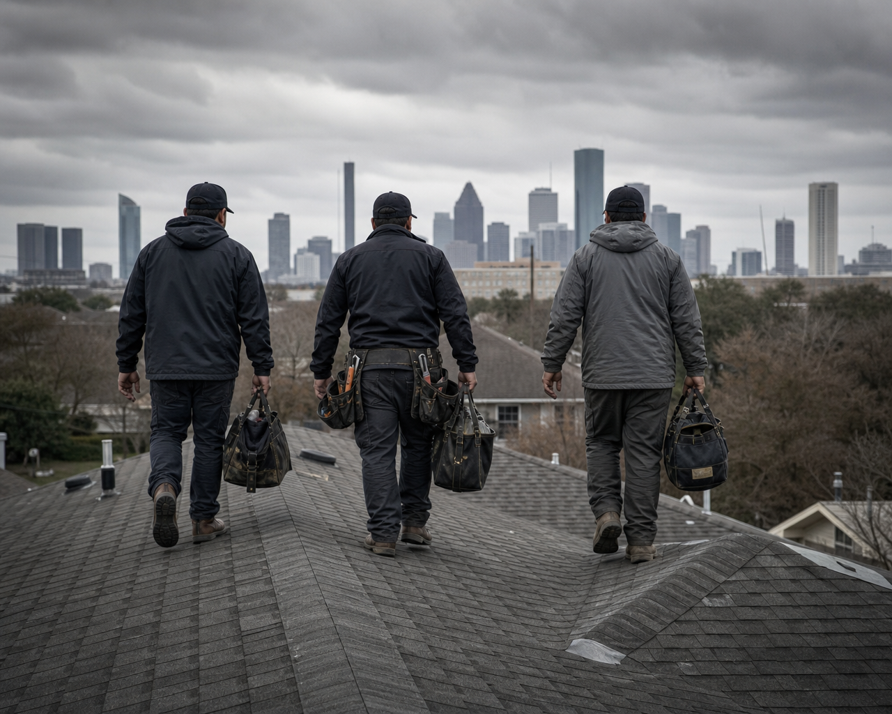 Three All Ears roofers walking together across a rooftop toward the Houston skyline