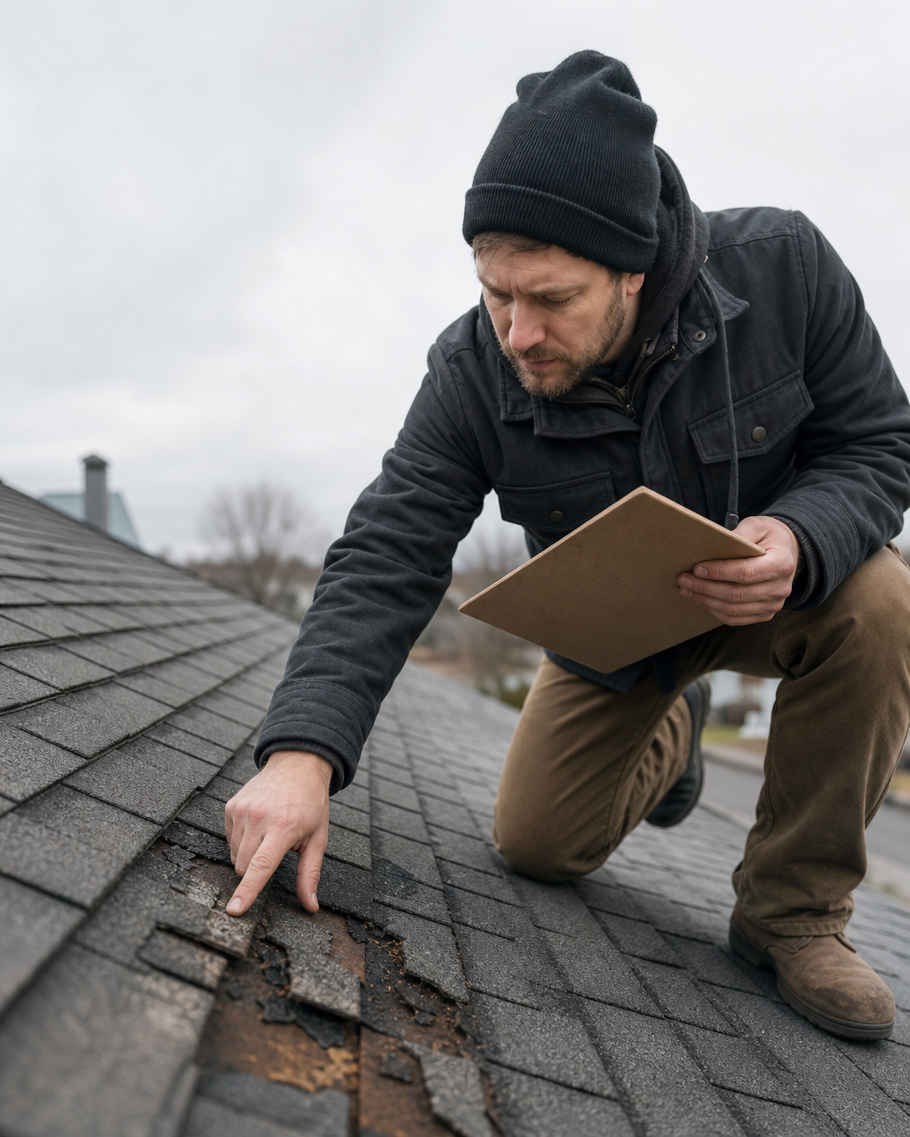 A roofer kneeling to inspect damaged shingles with a clipboard