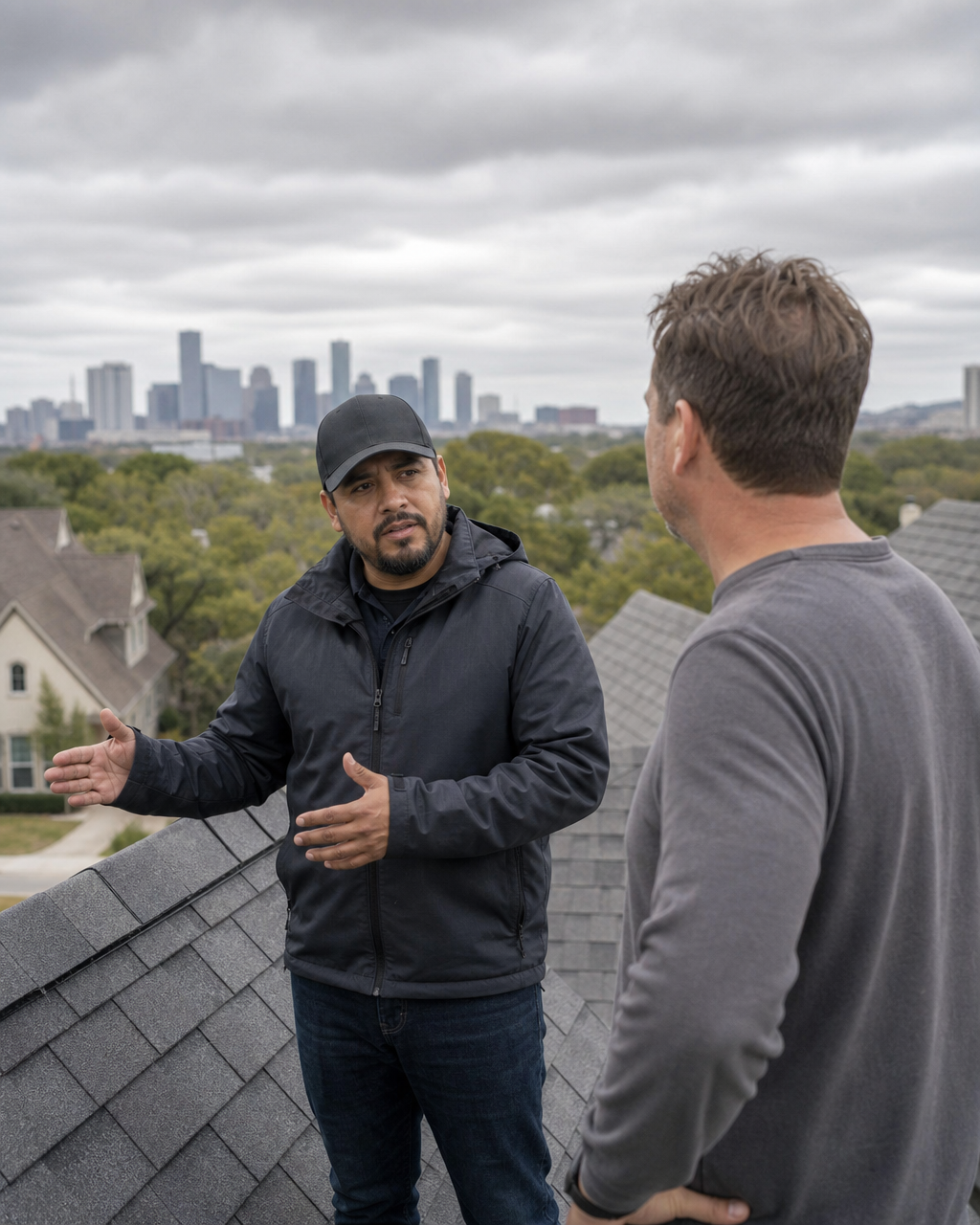 A roofer listening to a homeowner on a rooftop with the Houston skyline behind