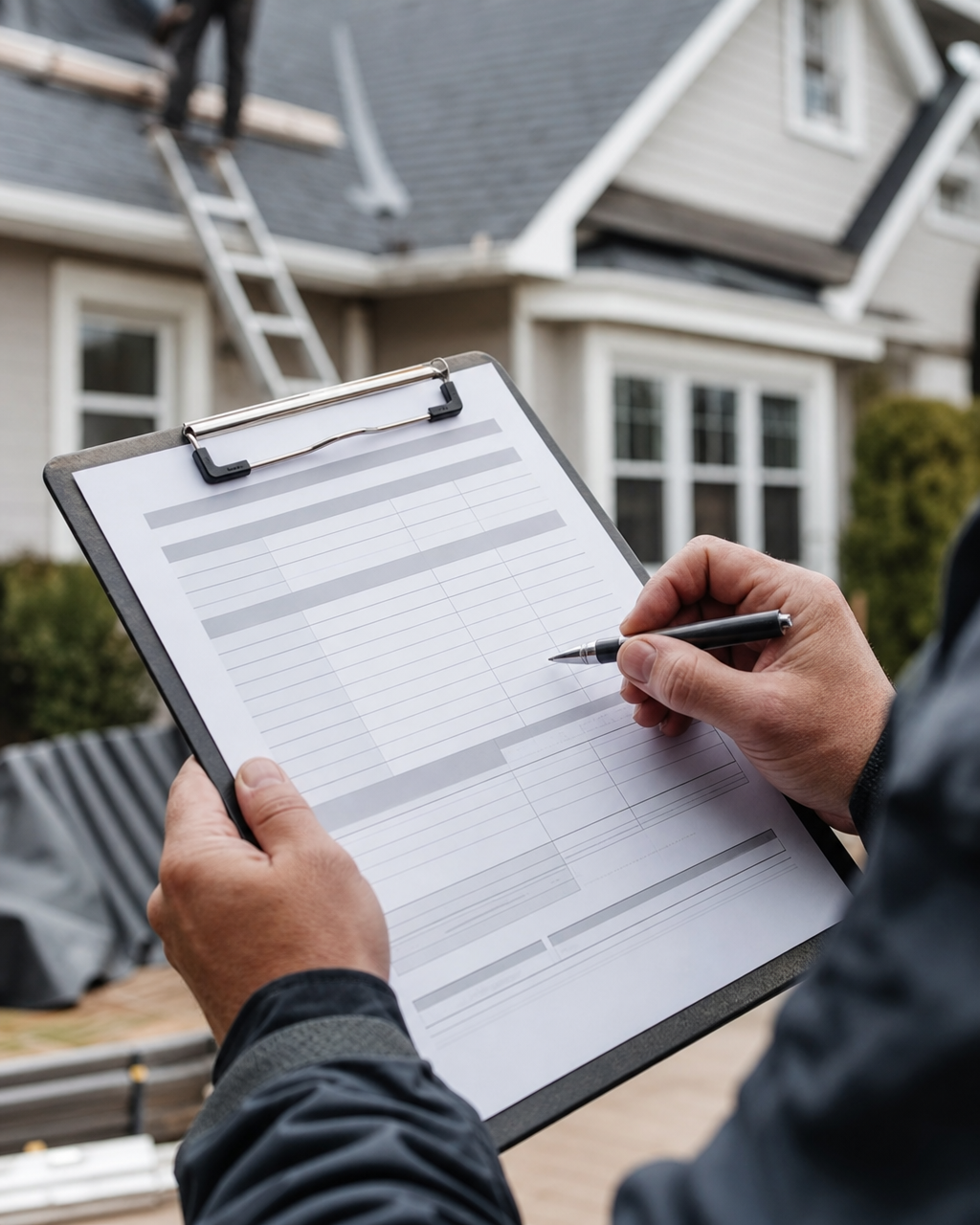 Hands holding an itemized printed roofing estimate on a clipboard