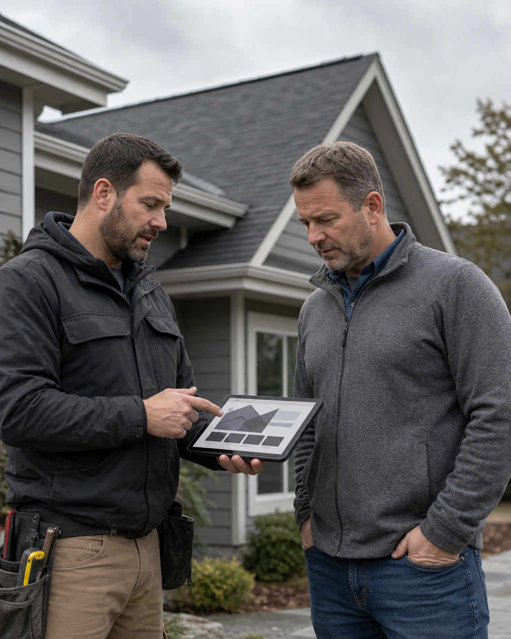 A roofer showing a homeowner the assessment on a tablet in front of their home
