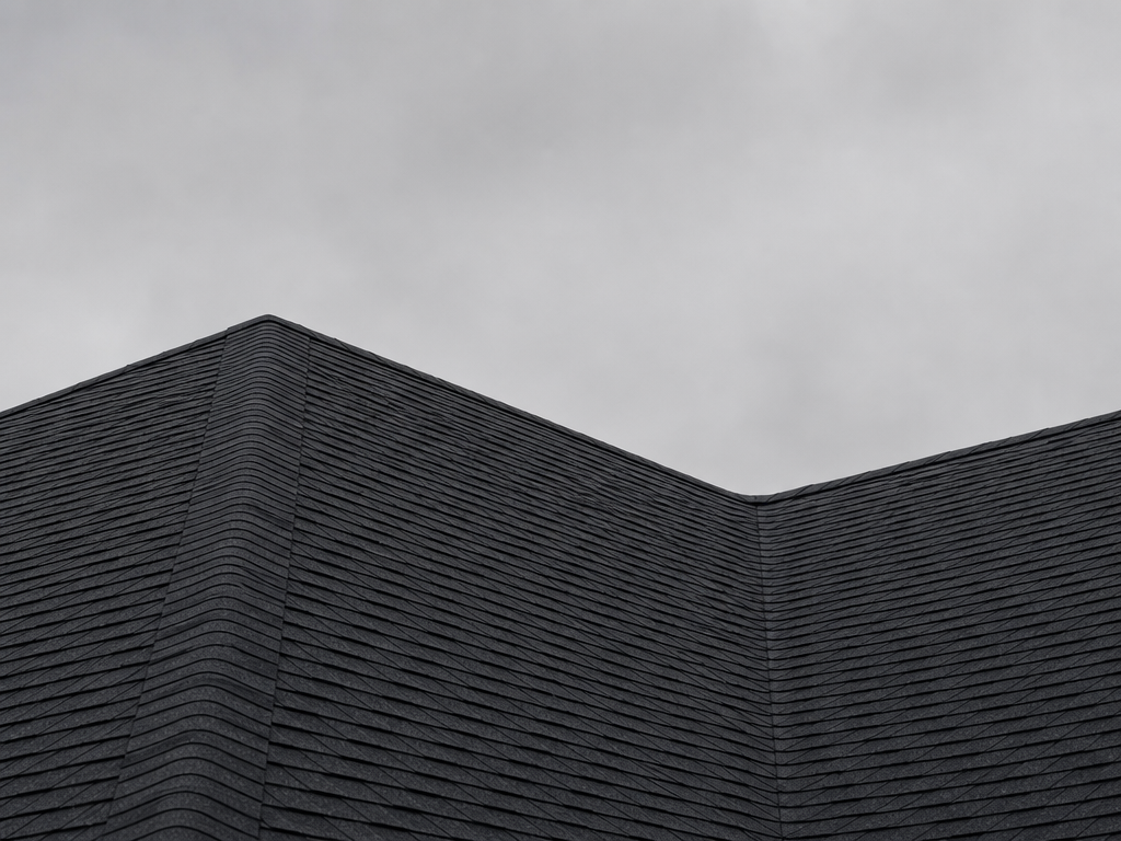 A roof ridge line where two shingle planes meet against a grey sky