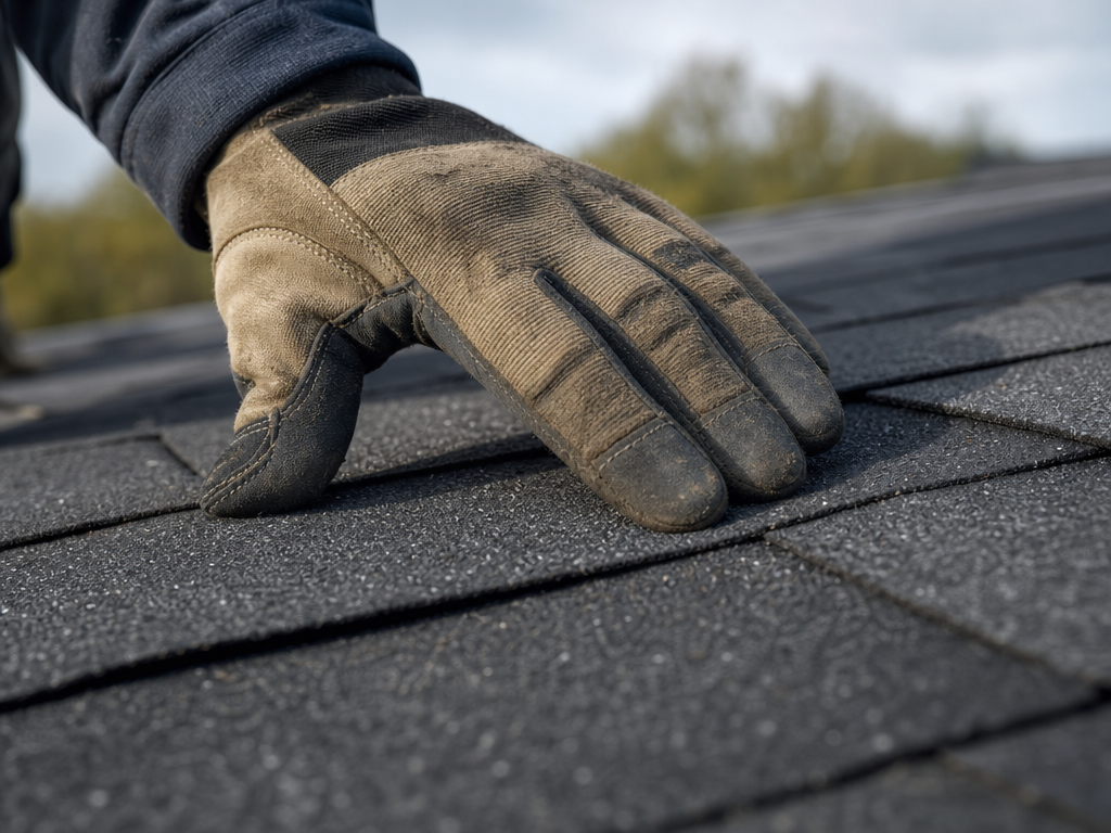 A roofer's gloved hand pressing down a shingle